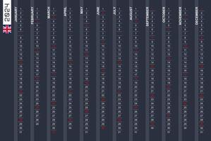 One-row vertical calendar for the year 2024 in English. English calendar for 2024 with highlighted Sundays. vector