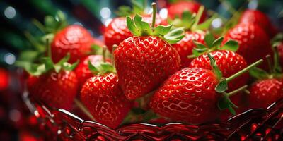 AI generated Fresh raw vegetarian red green berry strawberry in basket. Market plant farmer harvest photo
