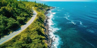 ai generado hermosa naturaleza al aire libre aventuras la carretera viaje viaje la carretera camino autopista con Oceano mar costa foto