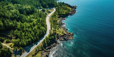 AI generated Beautiful nature outdoor adventure road trip travel road path highway with ocean sea coast photo