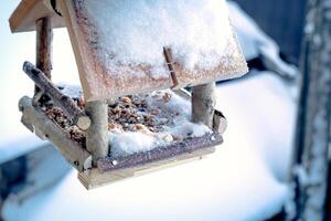 Handmade small bird feeder with seeds for birds hanging on a window covered in snow photo