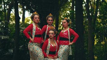 Four women in traditional attire posing with confidence in a lush forest setting. video