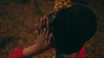 Profile of a woman with an elegant hairstyle, wearing earrings, against a blurred autumnal background. video