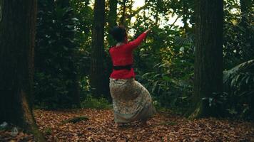 Woman in traditional attire dancing in a forest at dusk. video