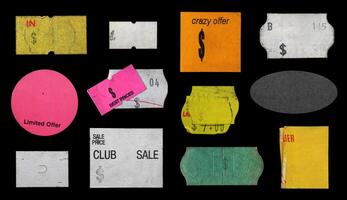 collection of blank old sticker, label, price tag template for mockup. isolated dirty, ripped, half peeled stickers photo