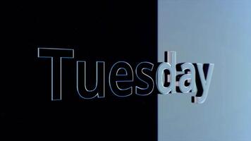 Animation special text effect base on day of week. Animation day of week Tuesday. Word Tuesday with bright contours emerges on black background video