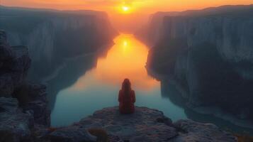 AI generated Person Sitting on Cliff Overlooking Body of Water photo
