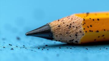 AI generated Close-up of sharpened pencil tip with shavings on blue background photo