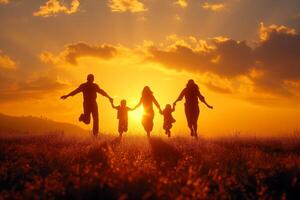 AI generated A family enjoying a peaceful evening stroll through a golden field as the sun sets. photo