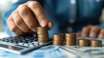 AI generated Businessperson stacking coins over calculator on desk concept photo