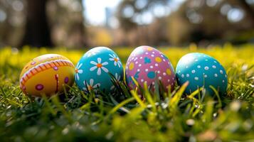 AI generated Rows of colorful Easter eggs lined up. photo