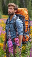 AI generated Man With Backpack in Wildflower Field photo