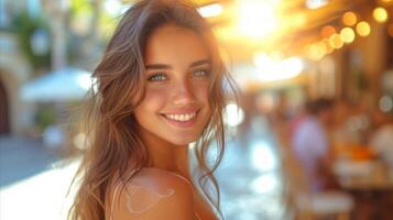 AI generated Radiant young woman smiling in sunlit outdoor cafe ambiance photo