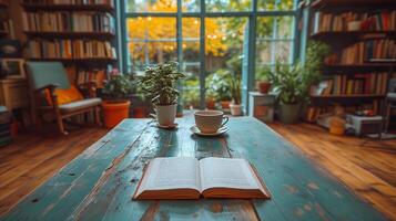 AI generated Book and Coffee on Table photo