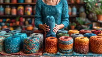 AI generated Woman Holding Yarn Ball in Front of Yarn Display photo