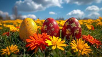 AI generated Three Decorated Eggs in a Flower Field photo