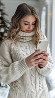 AI generated Woman in White Sweater Looking at Phone photo