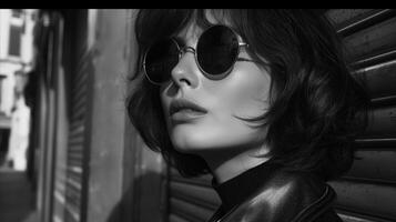 AI generated Stylish woman in sunglasses posing for a black and white fashion shot photo