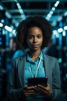 AI generated Woman Standing in Room Holding Tablet photo