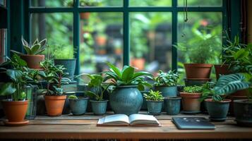 AI generated Table With Potted Plants by Window photo