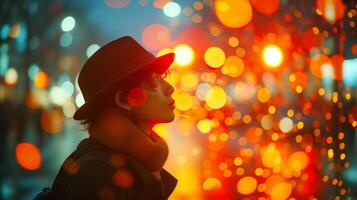 AI generated Contemplative person with hat against bokeh light background photo