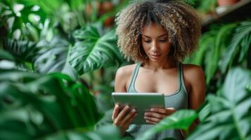 AI generated Woman Looking at Tablet in Jungle photo