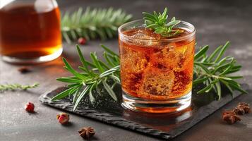 AI generated Refreshing rosemary cocktail drink on elegant dark background photo