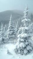 AI generated Snow Covered Forest With Mountain in Background photo