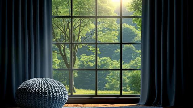 AI generated Serene morning view through a window with forest scenery photo