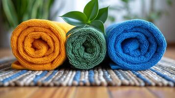 AI generated Colorful rolled towels with plant on striped mat close-up photo