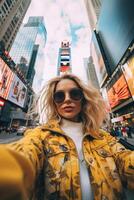 AI generated Woman in Yellow Jacket Taking Selfie photo