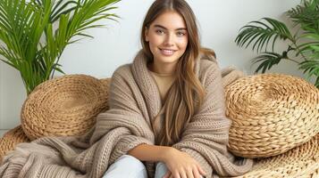AI generated Young woman smiling cozily wrapped in a knit blanket with greenery photo