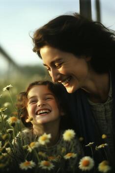 AI generated Happy Woman and Child Smiling in Daisy Field photo