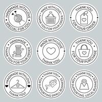 Collection of printable round labels for handmade business, sewing, knitting, textile. Made with love, support local. Thank you for your order. Thank you for supporting local business. For packaging. vector