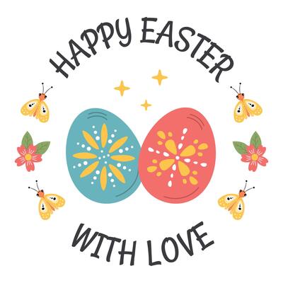 Happy Easter illustration with eggs, flowers and typography messages. Easter lettering floral frames and hand drawn elements. Gift tag for treats, round sticker, label for packaging sweets, greeting.