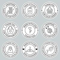 Round stickers, labels for handmade small business. Made with love sticker, badge Thank you for order. Supporting small local business. Round label for sewing, knitting, needlework. Handmade bundle. vector