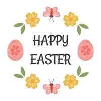 Happy Easter label, badge with wreath of flowers and eggs, Easter holiday painted egg symbol. Round sticker, floral frame for gifts package, greeting cards, invitation. vector