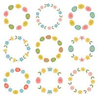Bundle of Easter label, badge with wreath of flower, egg, Easter holiday symbols. Round sticker, floral frame for gifts package, greeting cards, invitation. vector