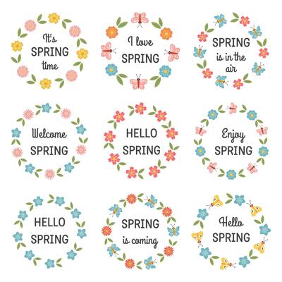 Hello spring collection of round stickers with floral botanic frames, flowers. Spring lettering. Happy Spring mood labels. Vector illustration for postcard, poster, gift tag, invitation.