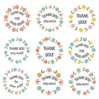 Thank you, appreciation round stickers with floral ornament and Thank you very much lettering. Printable labels, tags for gift, orders packaging, small business, florist, beauty. Give thanks. vector