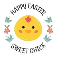 Easter card with cute little chicken and Happy Easter greeting. Sweet chick. Gift tag for treats, round sticker, label for packaging sweets, greeting card. For friend, classmates, children, kids. vector