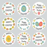 Easter badges and labels vector design elements set. Stickers Easter templates and wreath of eggs, flowers. Happy Easter typography messages. Easter lettering floral frames and hand drawn elements.