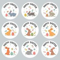 Easter round stickers badges with bunny, egg, spring flowers. Easter holiday labels vector design elements set. Happy Easter typography message with festive rabbit, bunny eggs, flowers, butterfly.