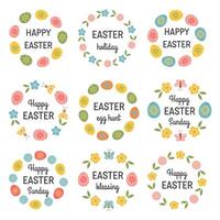 Bundle of Easter label, floral frame with flower. egg, Easter holiday symbols. Round stickers with Happy Easter greeting typography messages. Easter lettering for gifts packaging, tag, greeting cards. vector