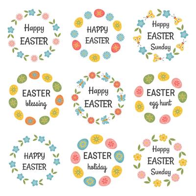 Easter frames with Happy Easter typography messages. Badges and labels with egg, flowers. Stickers Easter templates and objects. Easter lettering, greeting on floral frames, hand drawn holiday symbol.