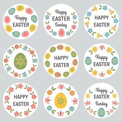 Round Easter stickers, badges, labels. Wreath spring flowers, eggs, floral frames. Easter templates with Happy Easter holiday typography messages. Easter lettering for gifts package, greeting cards.