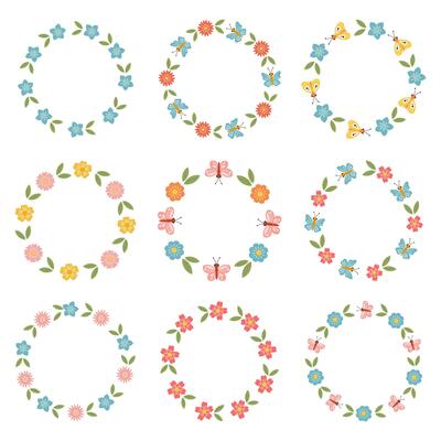 Round stickers collection with floral botanical frame, wreath, spring flowers ornament for gifts package, greeting cards, invitation. Botanic frames with cute flowers, butterflies, plants and leaves.