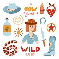 Big cowgirl set in trendy flat style. Hand drawn simple vector illustration with western boots, hat, snake, cactus, bull skull, sheriff badge star. Cowboy theme with symbols of Texas and Wild West.