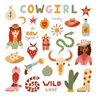 Big cowgirl set in trendy flat style. Hand drawn simple vector illustration with western boots, hat, snake, cactus, bull skull, sheriff badge star. Cowboy theme with symbols of Texas and Wild West.