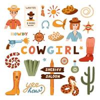 Big cowgirl set in trendy flat style. Hand drawn simple vector illustration with western boots, hat, snake, cactus, bull skull, sheriff badge star. Cowboy theme with symbols of Texas and Wild West.